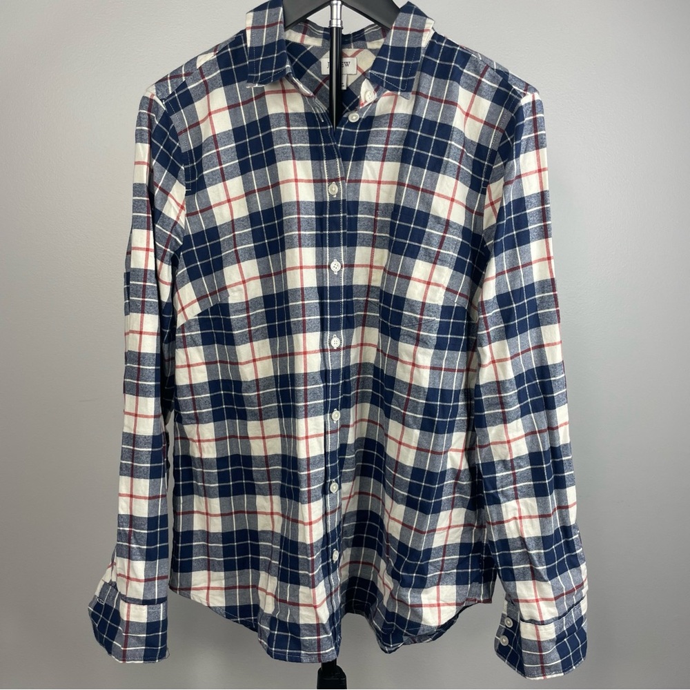 J Crew Women’s Blue and Cream‎ Plaid Flannel Long Sleeve Shirt size Med